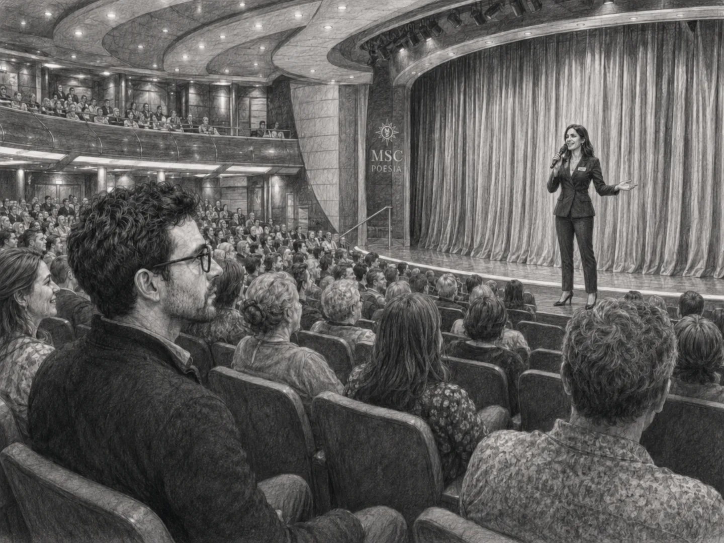 Im voll besetzten Theater der MSC Poesia lauscht Niklas Natasha auf der Bühne.