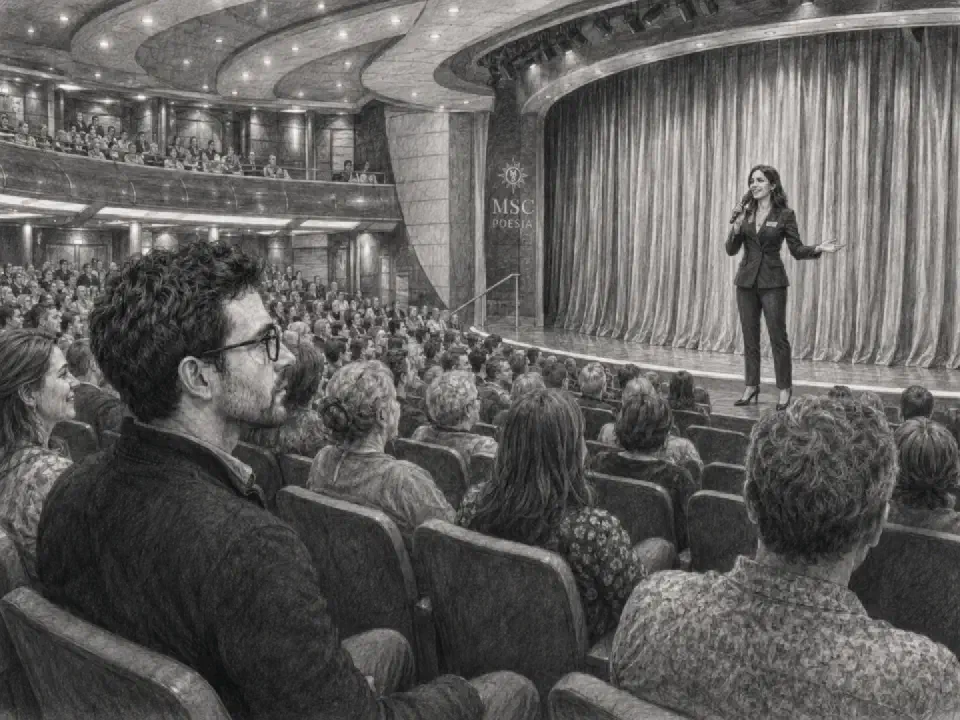 Im voll besetzten Theater der MSC Poesia lauscht Niklas Natasha auf der Bühne.