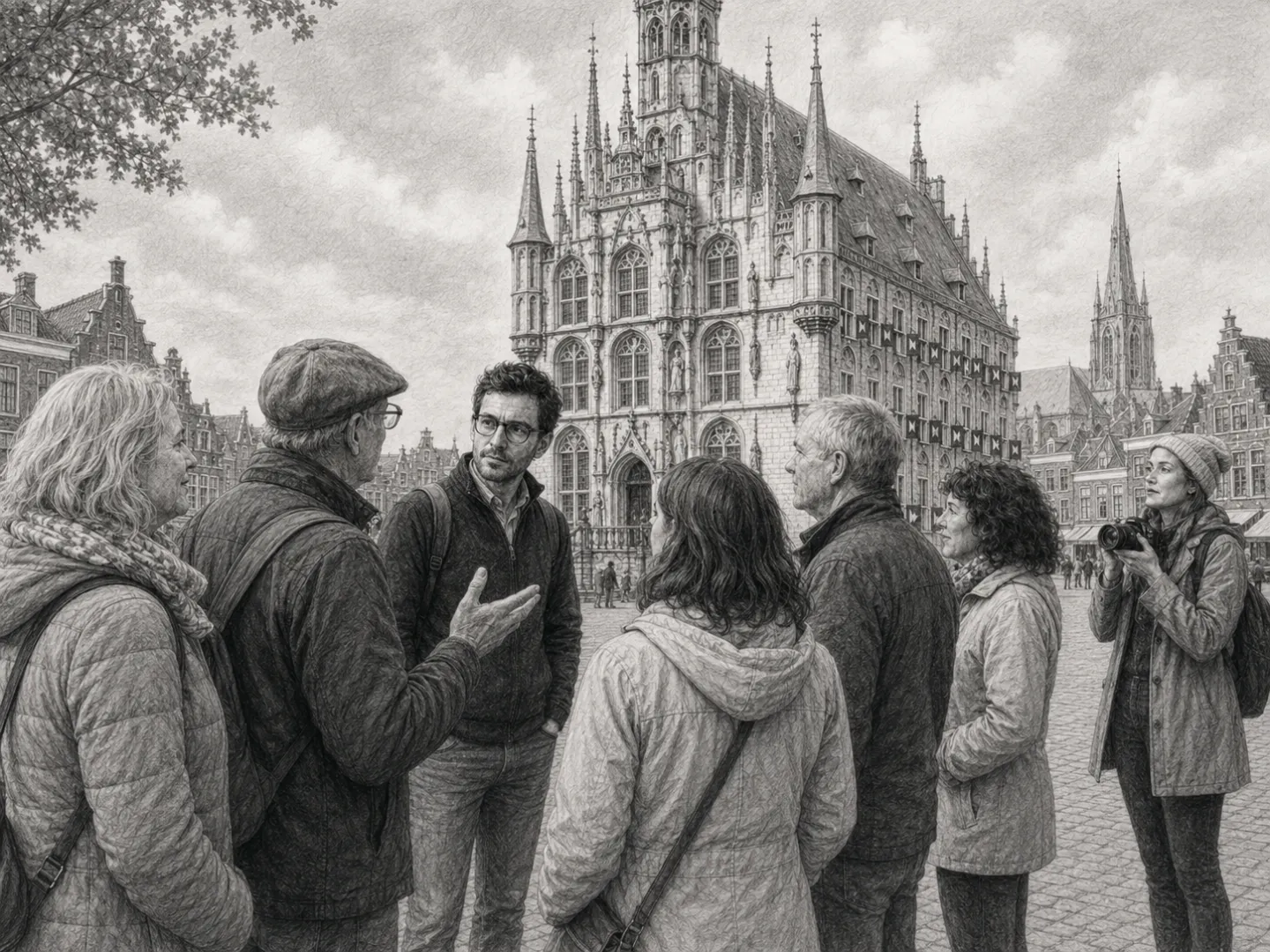 Auf dem Marktplatz von Gouda hört Niklas den Erklärungen des Stadtführers aufmerksam zu.