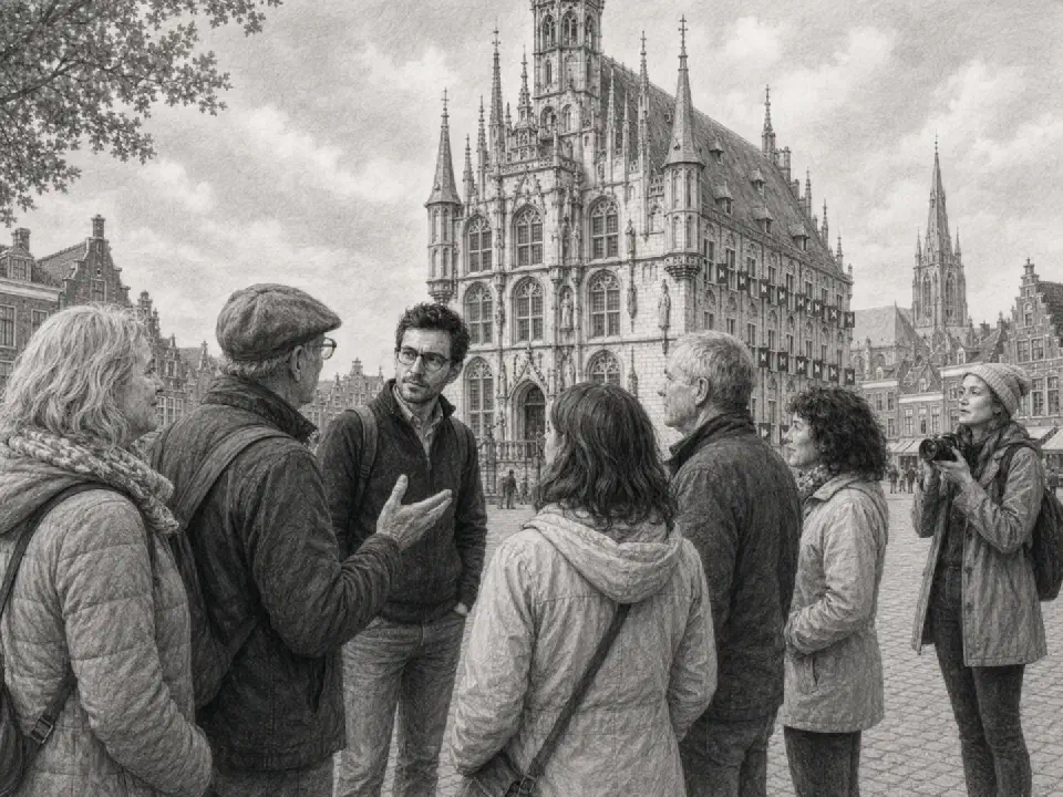 Auf dem Marktplatz von Gouda hört Niklas den Erklärungen des Stadtführers aufmerksam zu.