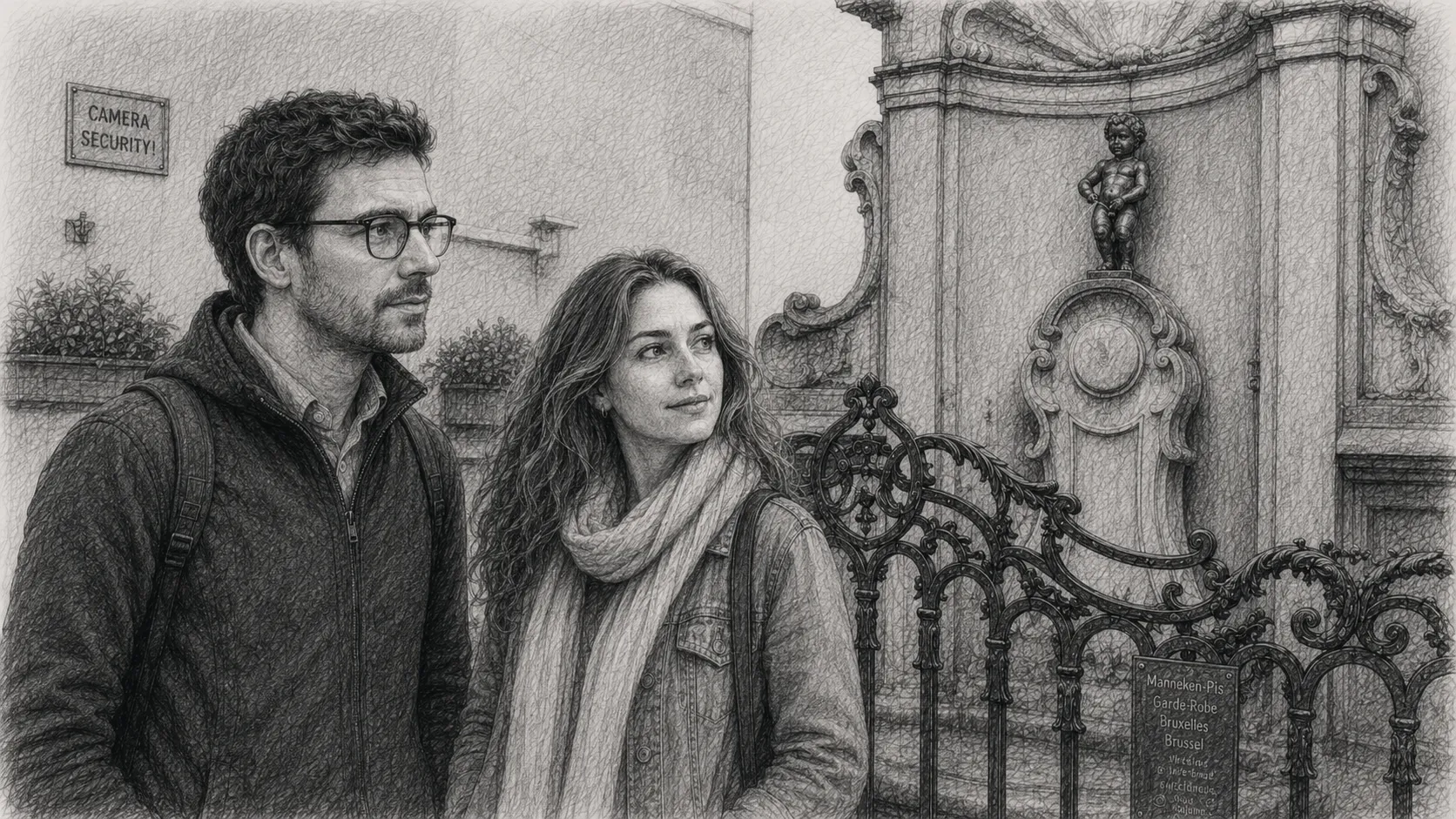 In Brüssel betrachten Niklas und Clara das berühmte Manneken Pis – ein kurzer Moment des Staunens.