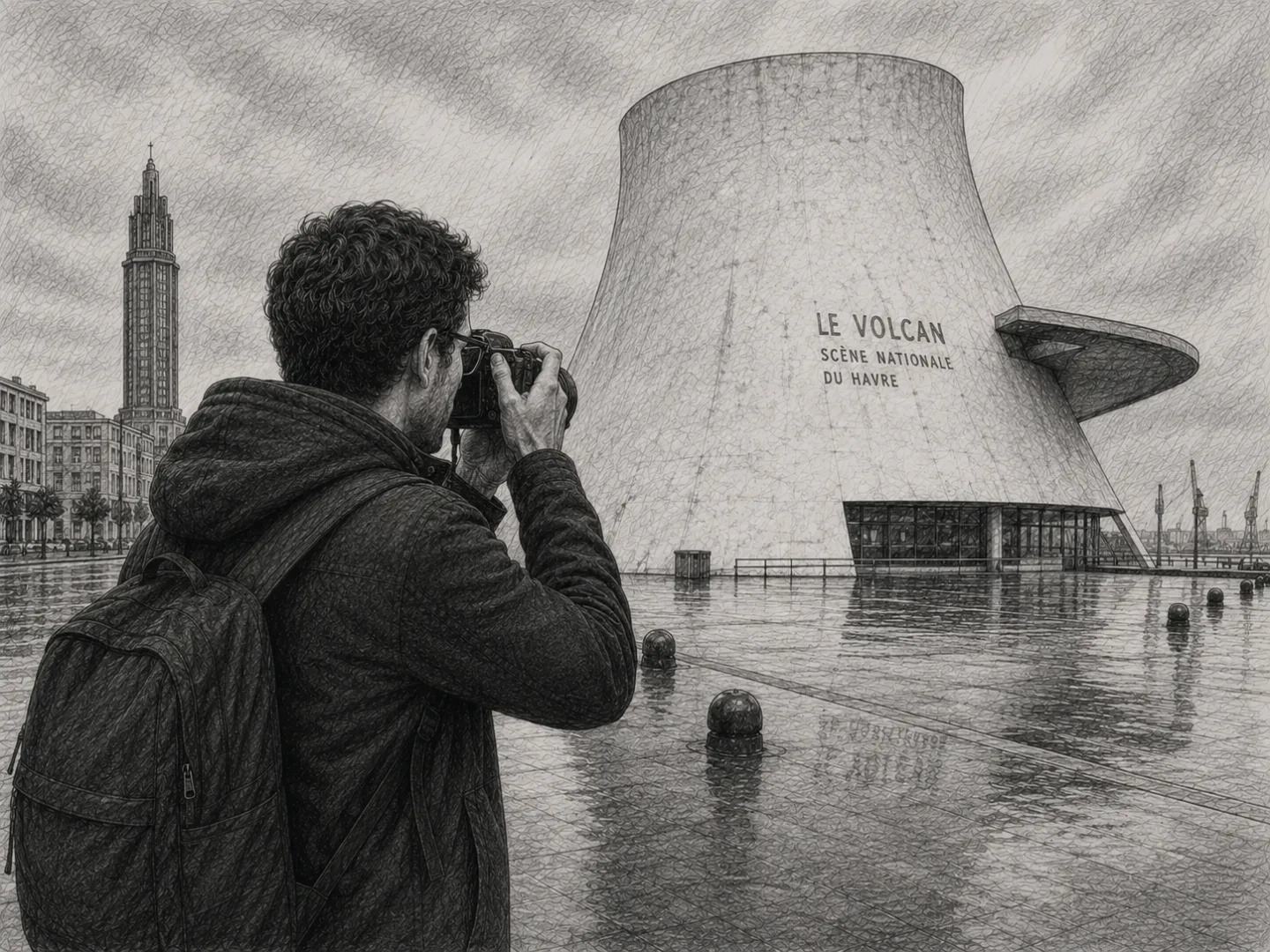 Bei regnerischem Wetter fotografiert Niklas den markanten Volcan von Le Havre – ein Bauwerk wie ein fremder Monolith.