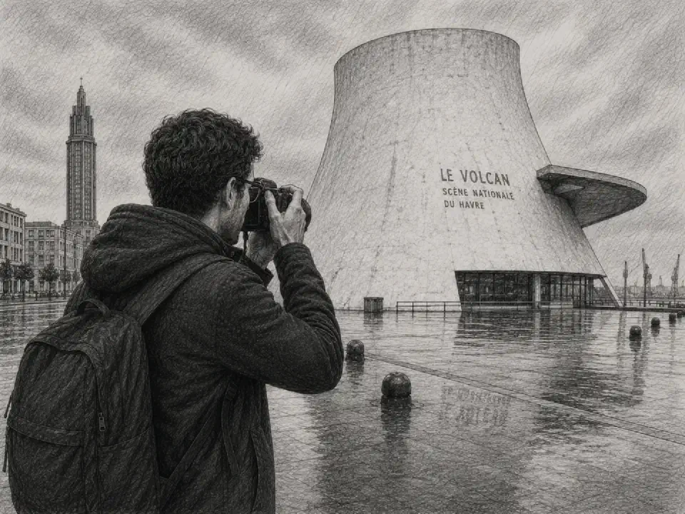 Bei regnerischem Wetter fotografiert Niklas den markanten Volcan von Le Havre – ein Bauwerk wie ein fremder Monolith.