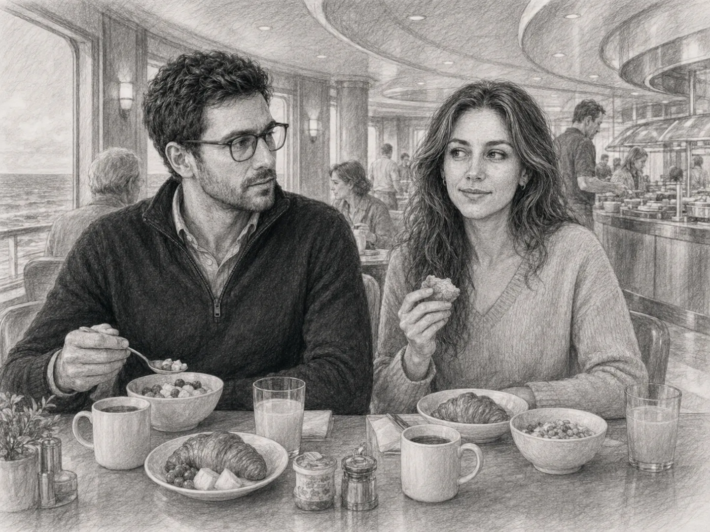 Beim Frühstück im Buffetrestaurant sitzen Niklas und Clara wieder zusammen – nach den Ereignissen der Nacht wirkt der Morgen ruhig.
