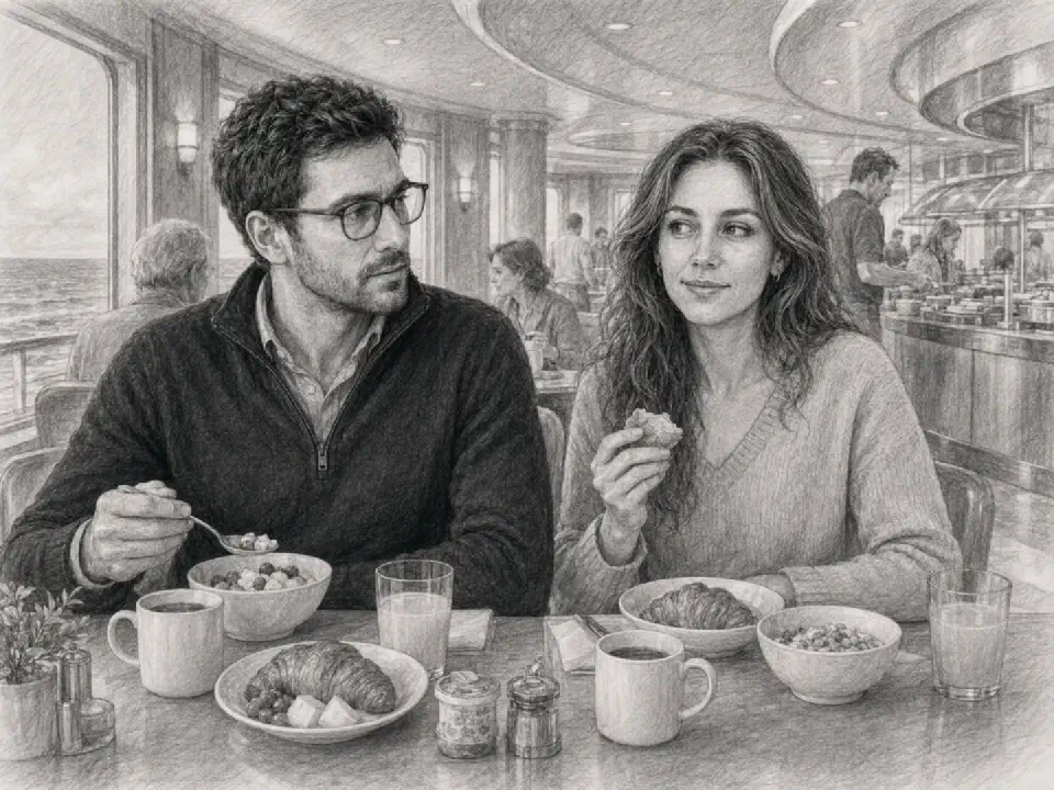 Beim Frühstück im Buffetrestaurant sitzen Niklas und Clara wieder zusammen – nach den Ereignissen der Nacht wirkt der Morgen ruhig.