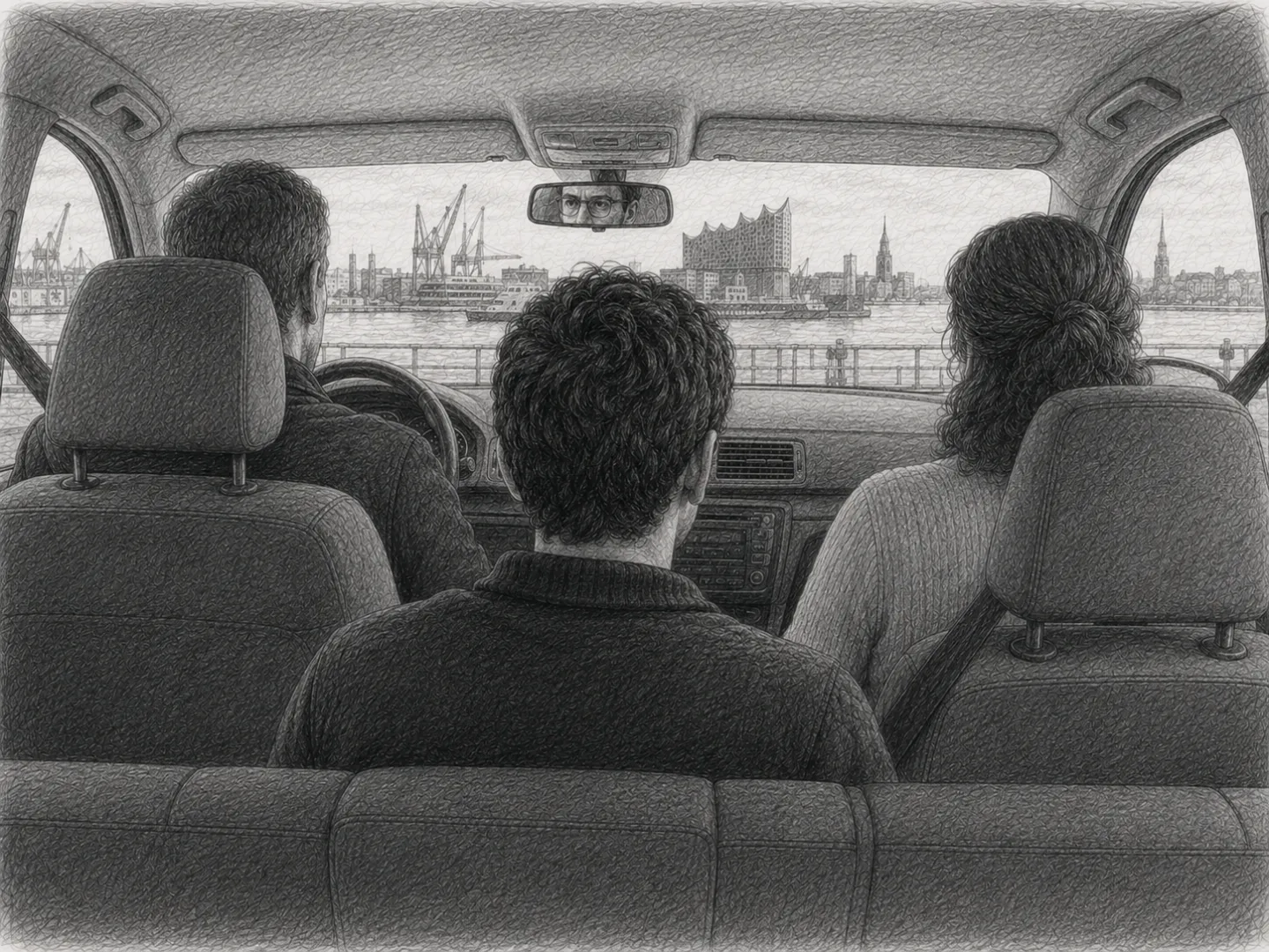 Auf der Rückfahrt von Hamburg blickt Niklas schweigend auf die vertraute Hafenstadt.