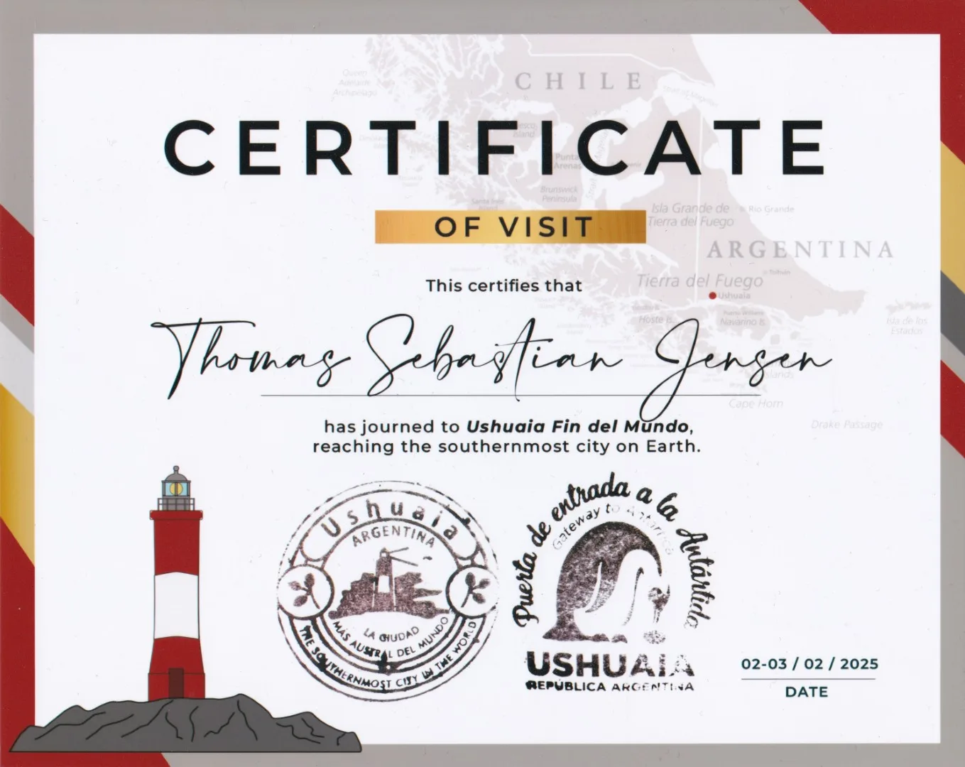 Zertifikat zur Bestätigung des Besuchs von Ushuaia, der südlichsten Stadt der Erde, ein Erinnerungsstück an das Erreichen des Endes der Welt.