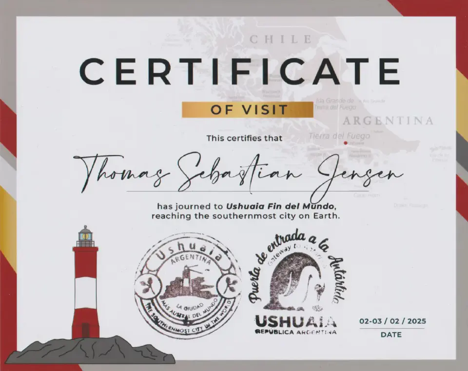 Zertifikat zur Bestätigung des Besuchs von Ushuaia, der südlichsten Stadt der Erde, ein Erinnerungsstück an das Erreichen des Endes der Welt.