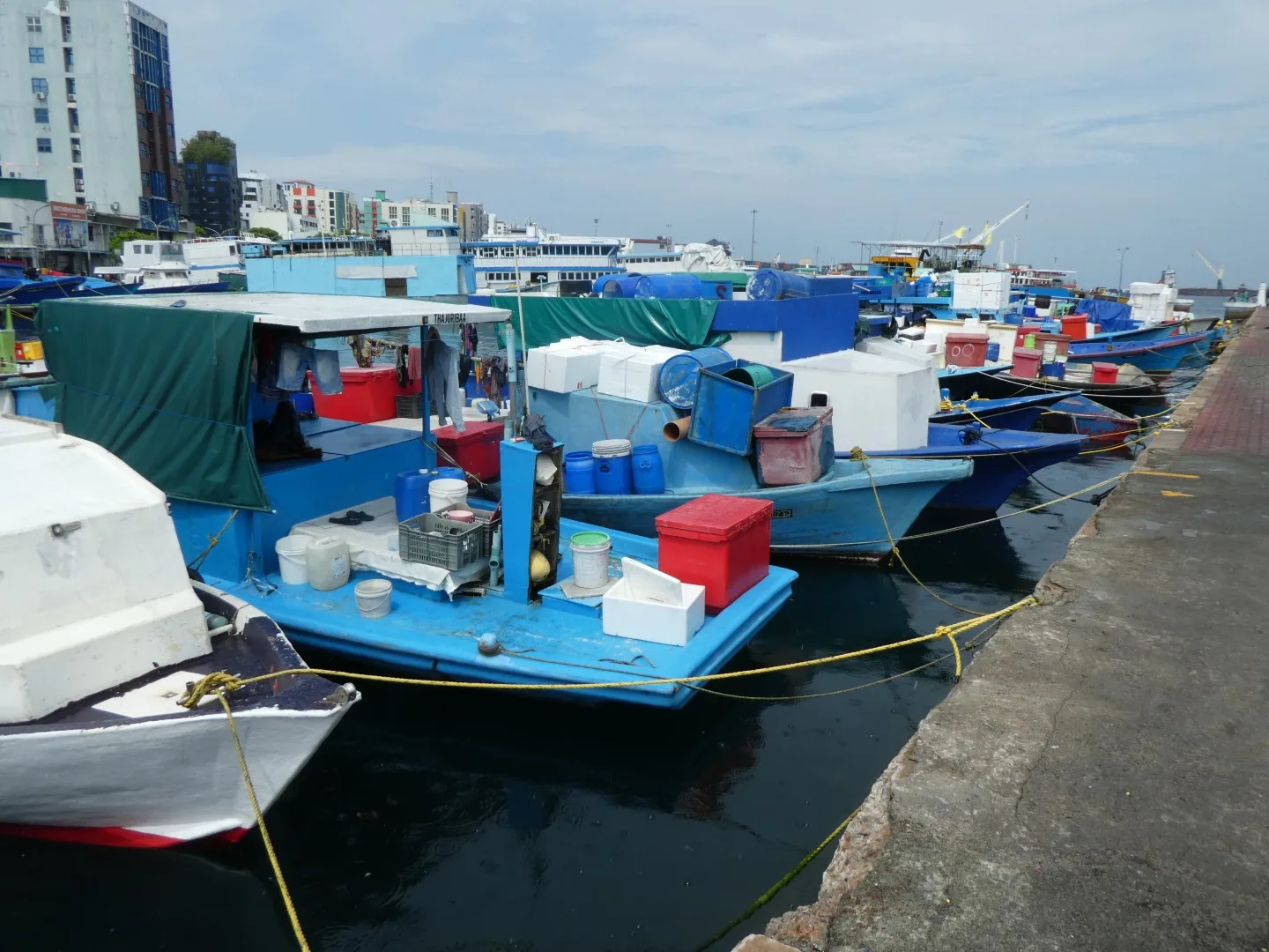 Bunte Fischerboote und Arbeitsgeräte prägen den Hafen von Malé und geben einen authentischen Einblick in den maritimen Alltag der Hauptstadt.