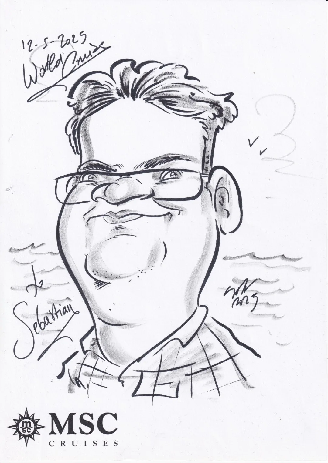 Karikatur, die während eines Seetages an Bord der MSC Magnifica entstanden ist, ein humorvolles und sehr persönliches Andenken an das Leben auf See.