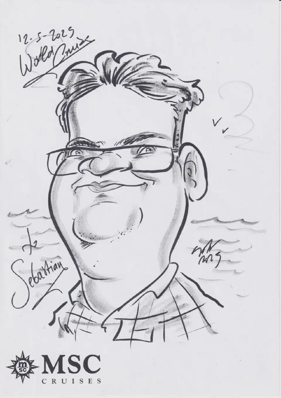 Karikatur, die während eines Seetages an Bord der MSC Magnifica entstanden ist, ein humorvolles und sehr persönliches Andenken an das Leben auf See.