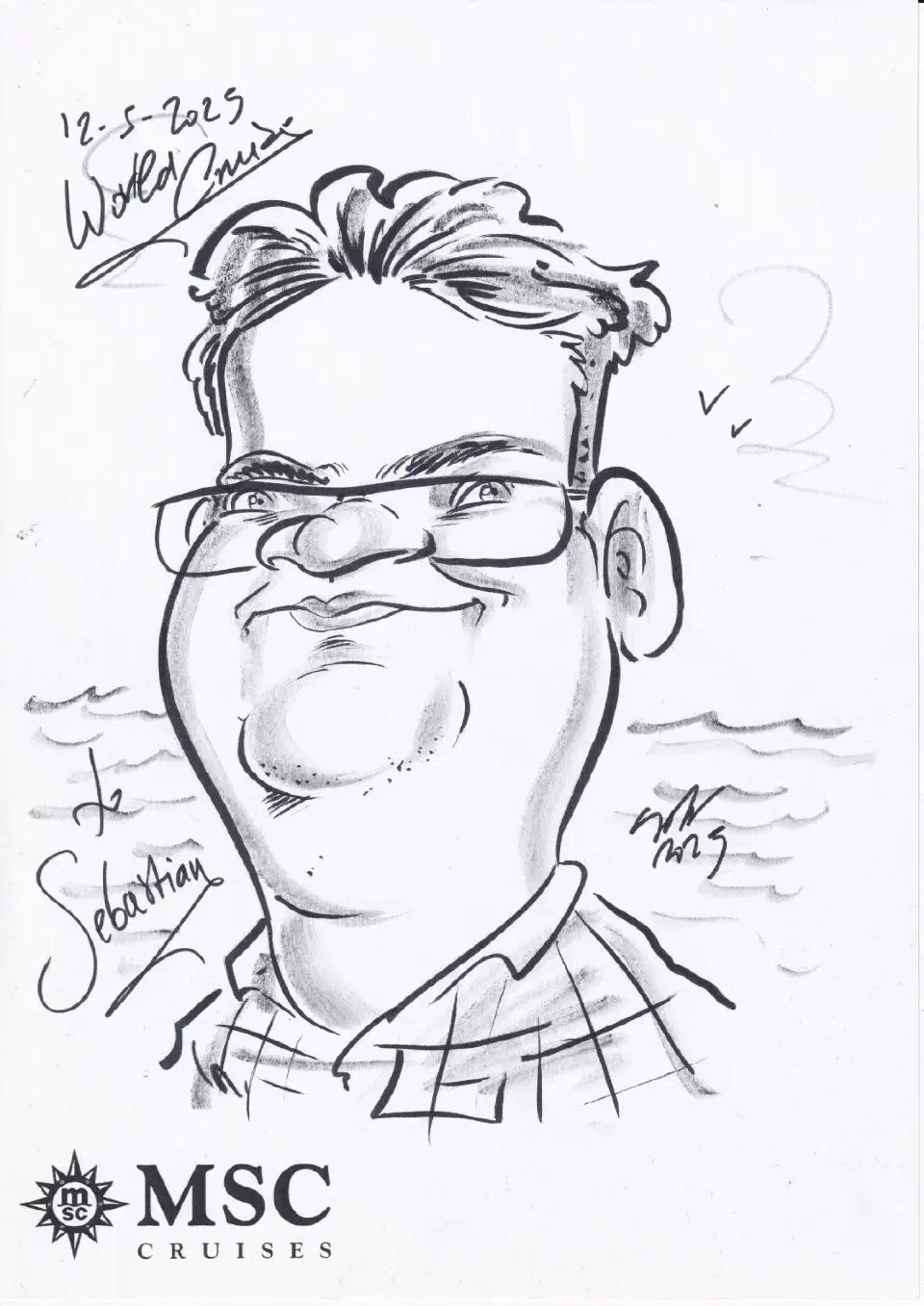 Karikatur, die während eines Seetages an Bord der MSC Magnifica entstanden ist, ein humorvolles und sehr persönliches Andenken an das Leben auf See.