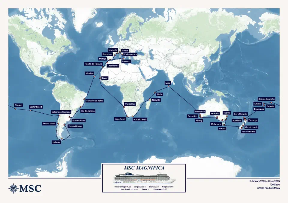 Routenkarte Weltreise 2025 mit MSC Magnifica