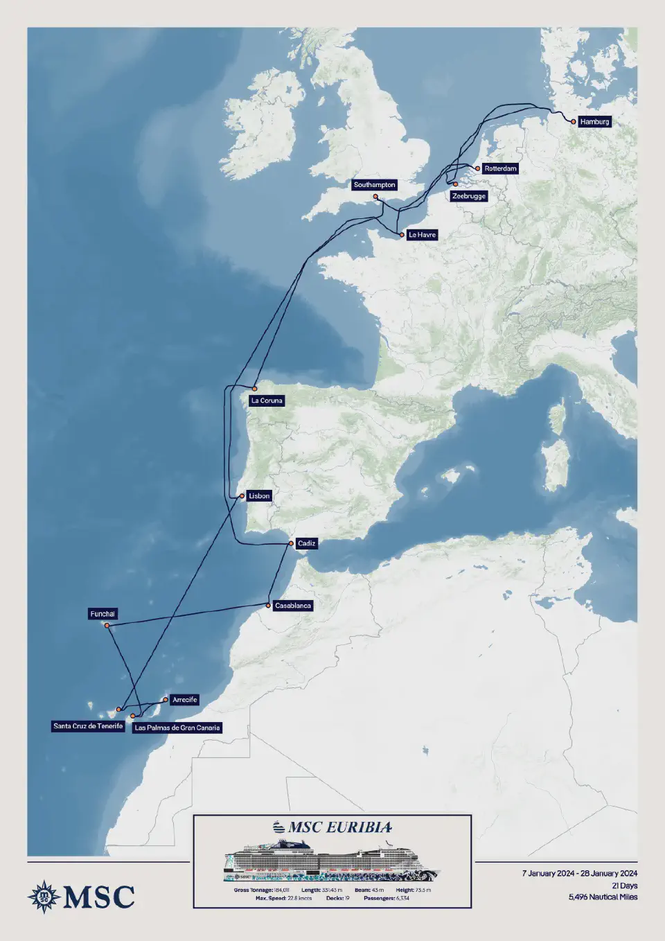 Winterkreuzfahrt mit der MSC Euribia (Januar 2024) route map